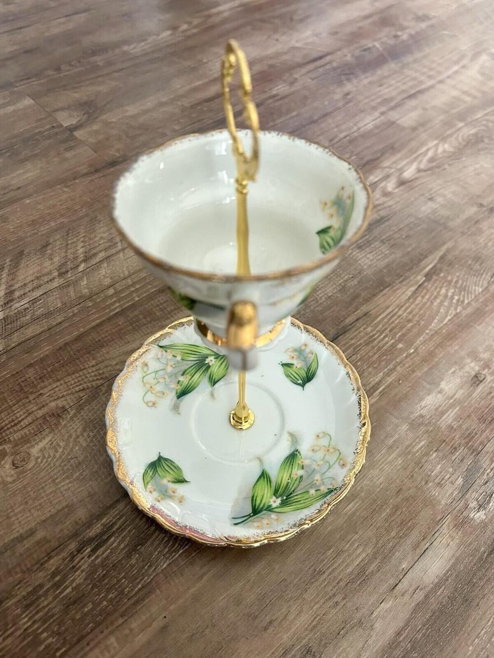 Tiered Teacup and Saucer Vintage, Gold Color, Floral for Jewelry/Display - Picture 3 of 4